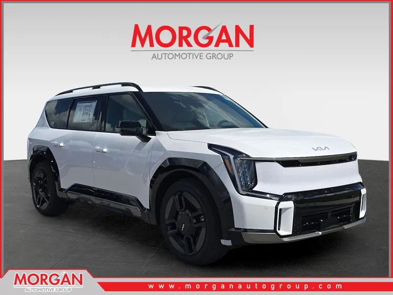 2026 Kia EV9 GT-Line in Glacial White Pearl — front three-quarter view