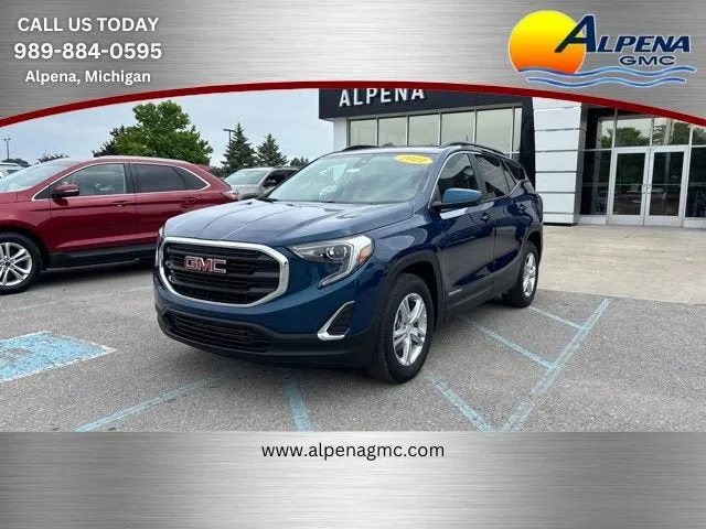 2021 GMC Terrain SLE in Blue Emerald Metallic — front three-quarter view