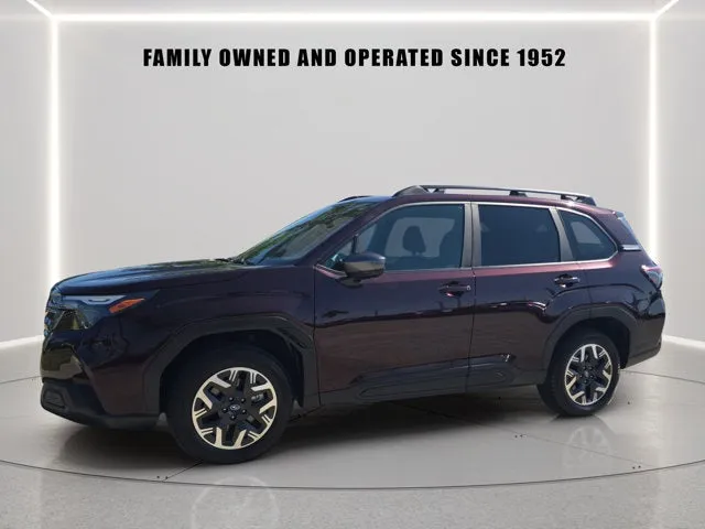 2026 Subaru Forester Premium in Dark Mahogany Pearl — front three-quarter view