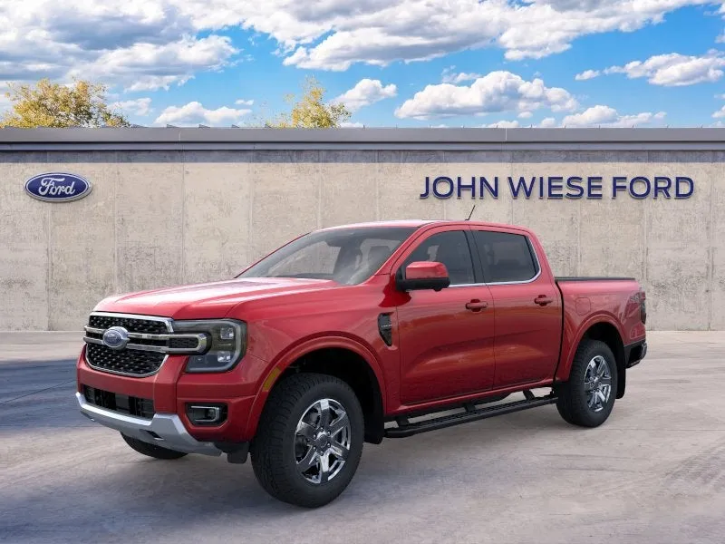 2026 Ford Ranger CREW CAB LARIAT 4X4 in Ruby Red Metallic Tinted Clearcoat — front three-quarter view