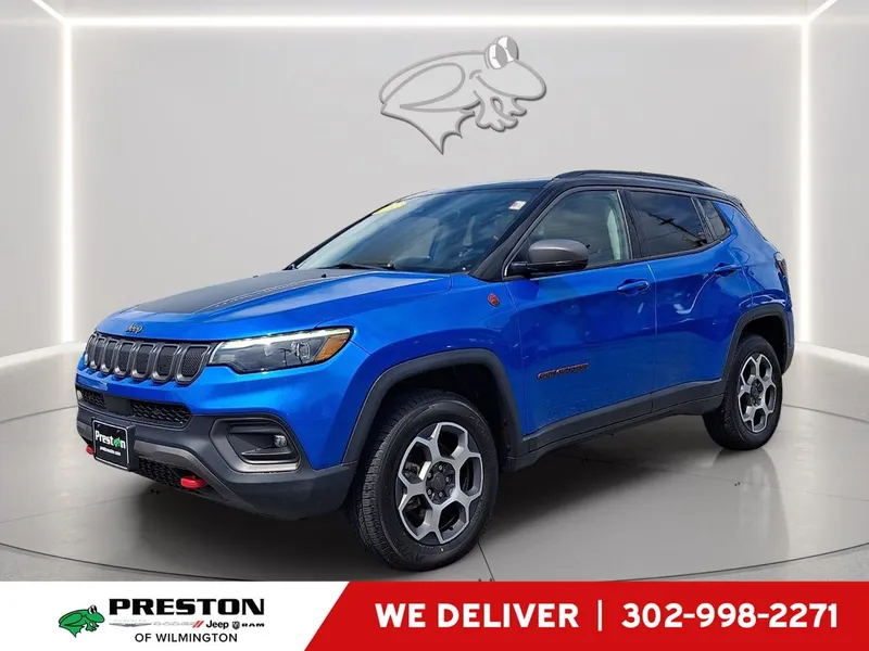 2022 Jeep Compass Trailhawk in Laser Blue Pearlcoat — front three-quarter view