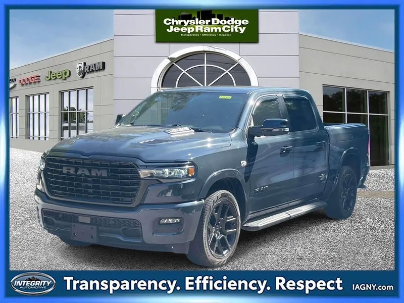 2026 RAM 1500 Laramie Crew Cab 4x4 5'7' Box in Forged Blue Metallic — front three-quarter view