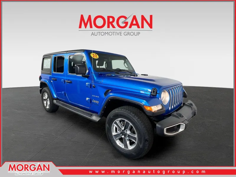 2022 Jeep Wrangler Unlimited Sahara in Hydro Blue Pearlcoat — front three-quarter view