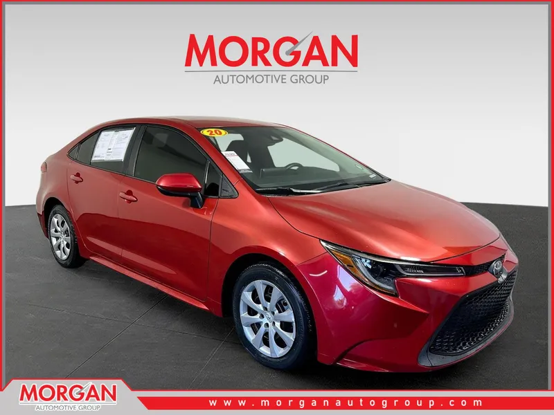 2020 Toyota Corolla LE in Barcelona Red Metallic — front three-quarter view