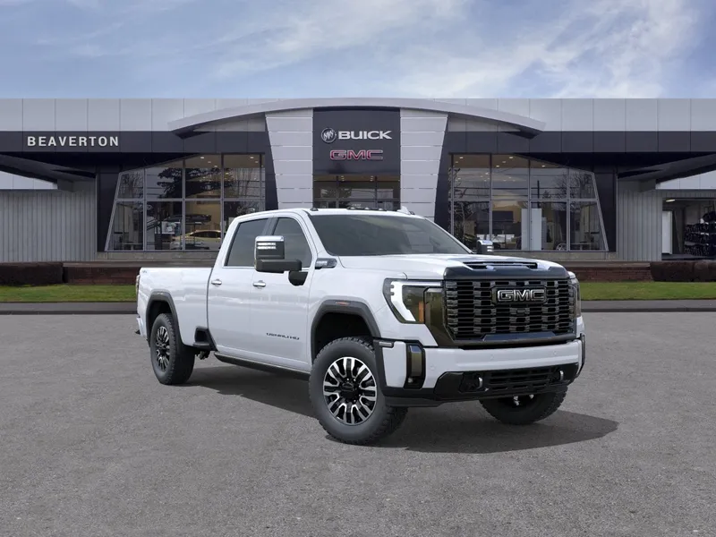 2026 GMC Sierra 3500 HD Denali Ultimate in Glacier White Tricoat — front three-quarter view