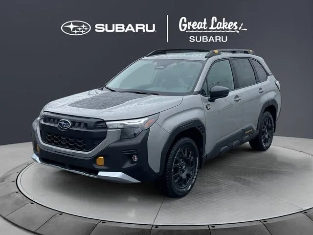 2026 Subaru FORESTER Wilderness in River Rock Pearl — front three-quarter view
