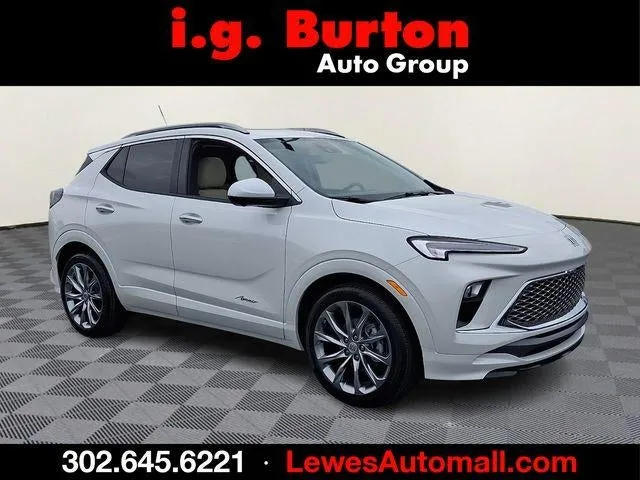 2026 Buick Encore GX Avenir in White Frost Tricoat — front three-quarter view