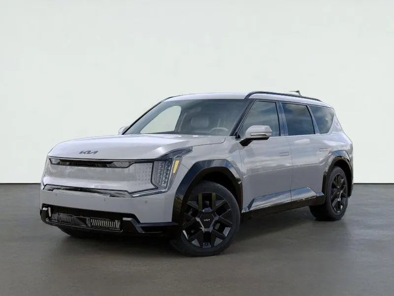 2026 Kia EV9 LAND in Wolf Gray — front three-quarter view