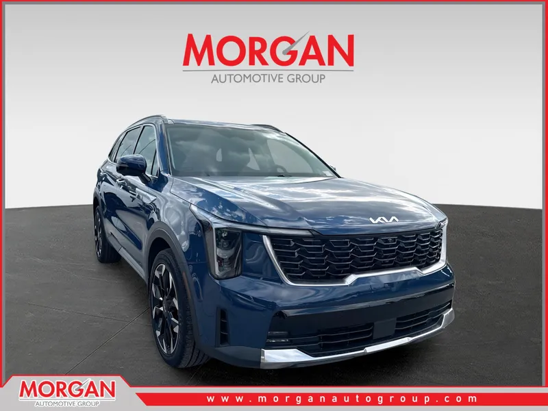 2025 Kia Sorento SX in Midnight Lake Blue — front three-quarter view