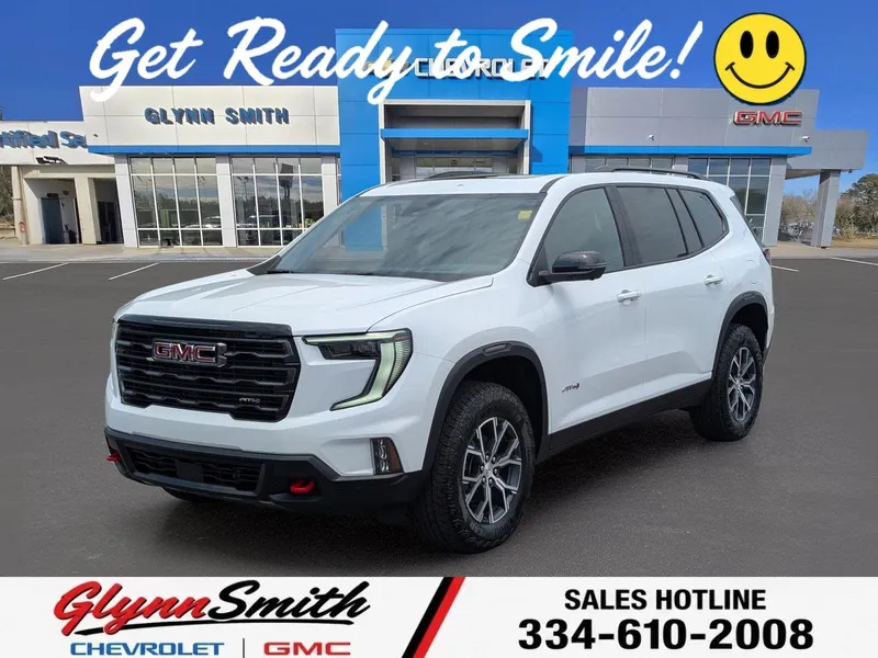 2026 GMC Acadia AT4 in Summit White — front three-quarter view