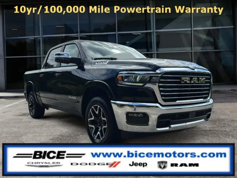 2026 RAM Ram 1500 Laramie Crew Cab 4x4 in Diamond Black Crystal Pearl-Coat Exterior Paint — front three-quarter view