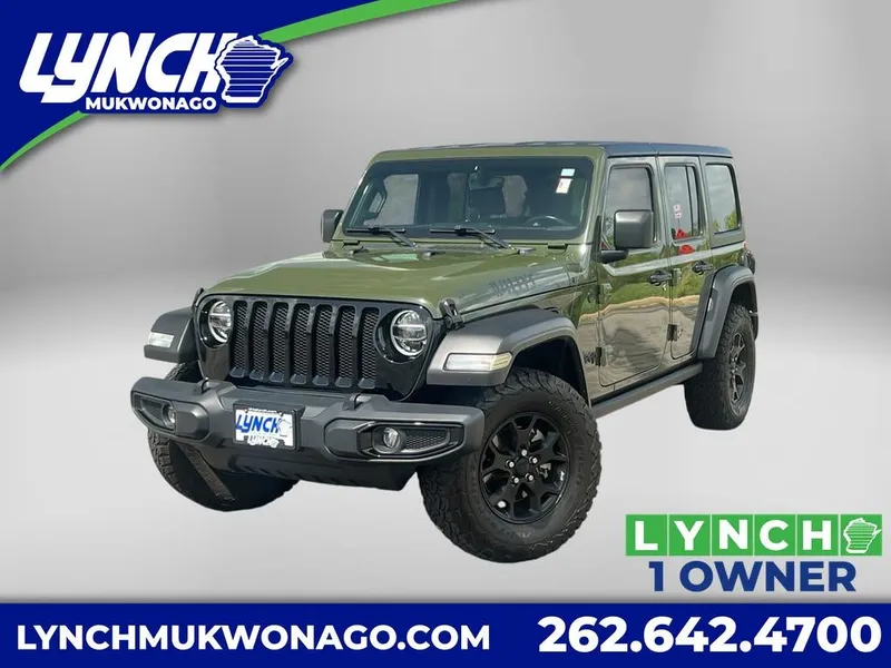 2021 Jeep Wrangler Unlimited Willys in Sarge Green Clearcoat — front three-quarter view