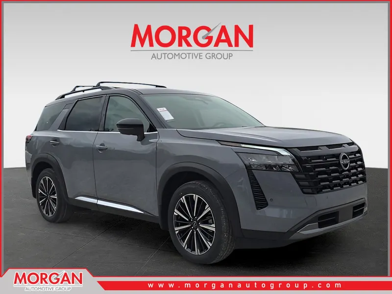 2026 Nissan Pathfinder Platinum in Gray — front three-quarter view