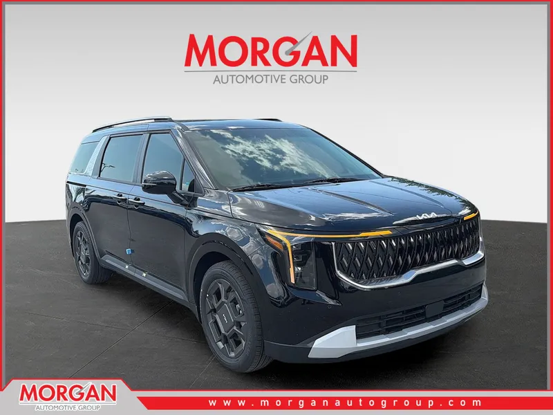 2026 Kia Carnival Hybrid EX in Aurora Black Pearl — front three-quarter view