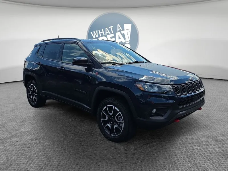 2026 Jeep Compass Trailhawk in Fathom Blue Pearl Coat — front three-quarter view