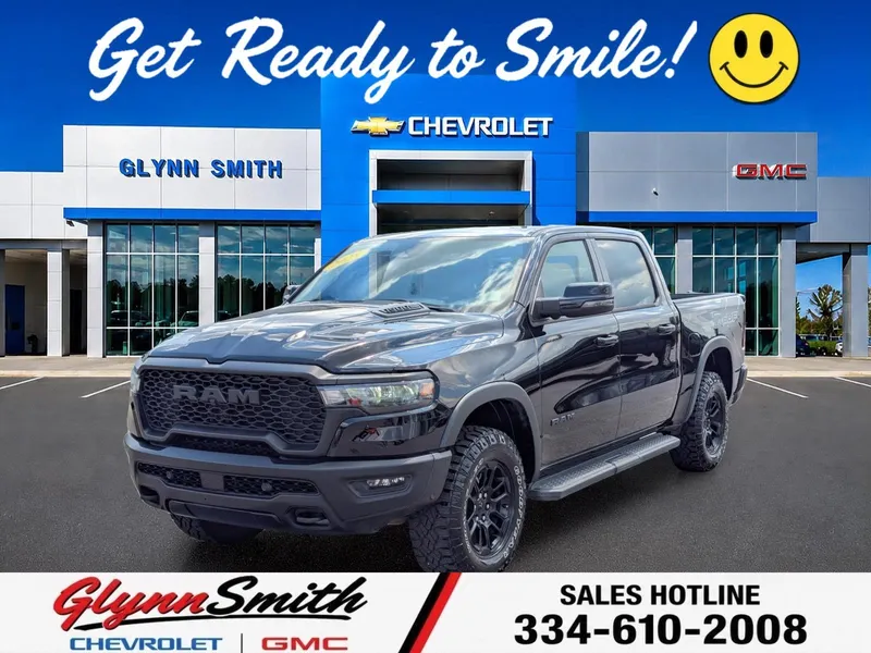 2025 RAM 1500 Rebel in Diamond Black Crystal Pearlcoat — front three-quarter view
