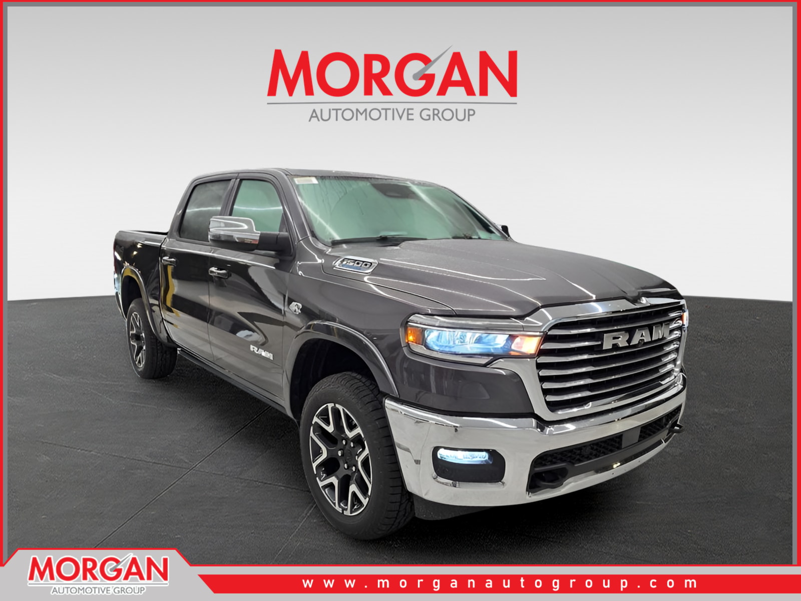 2026 Ram 1500 Laramie in Granite Crystal Metallic Clearcoat — front three-quarter view