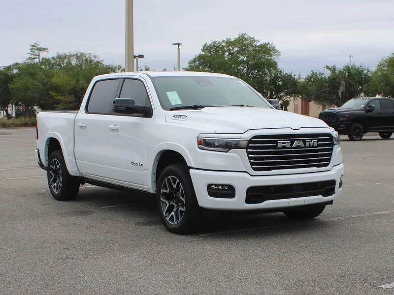 2026 RAM 1500 Laramie in Bright White Clear-Coat Exterior Paint — front three-quarter view