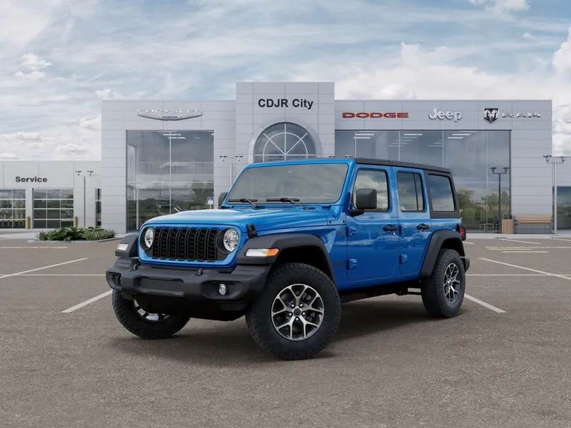 2026 Jeep Wrangler WRANGLER 4-DOOR SPORT S in Hydro Blue Pearl-Coat Exterior Paint — front three-quarter view