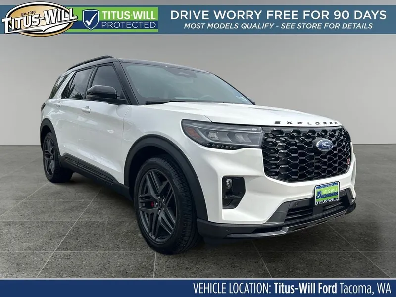 2025 Ford Explorer ST in White Metallic — front three-quarter view
