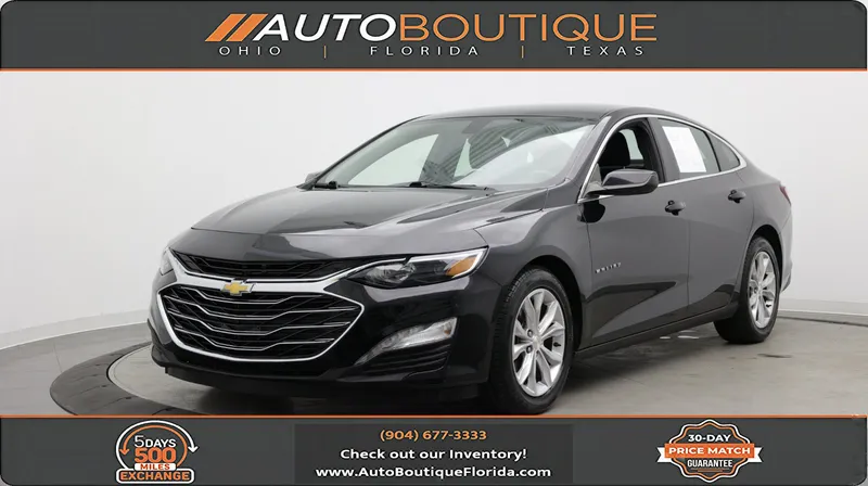 2021 Chevrolet Malibu LT in Mosaic Black Metallic — front three-quarter view