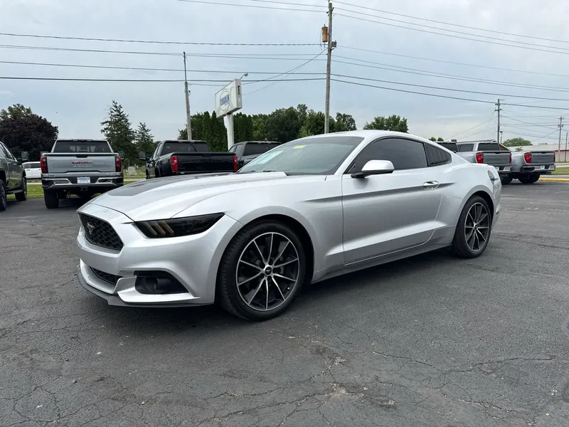 2015 Ford Mustang EcoBoost in Black — front three-quarter view