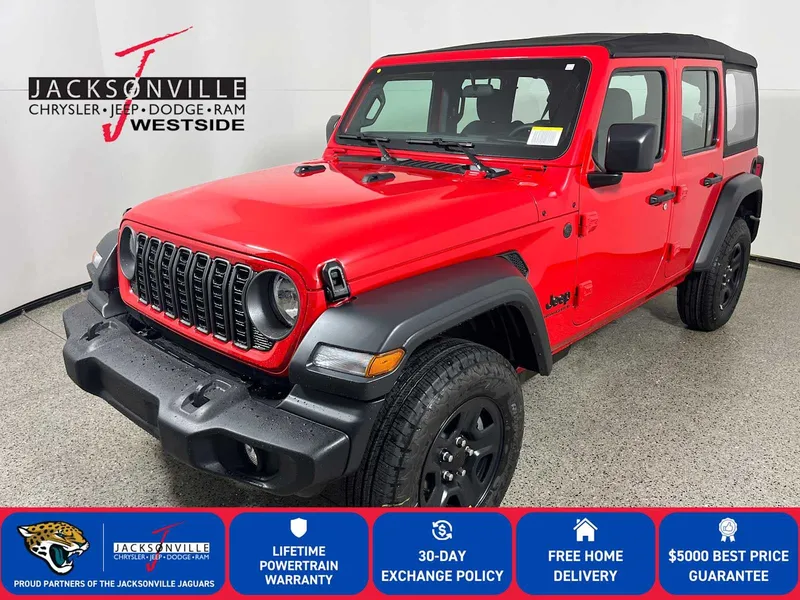 2026 Jeep Wrangler Sport in Firecracker Red Clear-Coat Exterior Paint — front three-quarter view