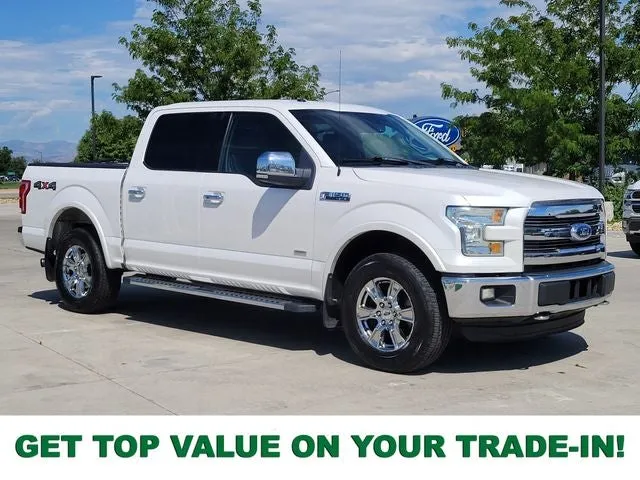 2015 Ford F-150 Lariat in White Platinum Clearcoat Metallic — front three-quarter view