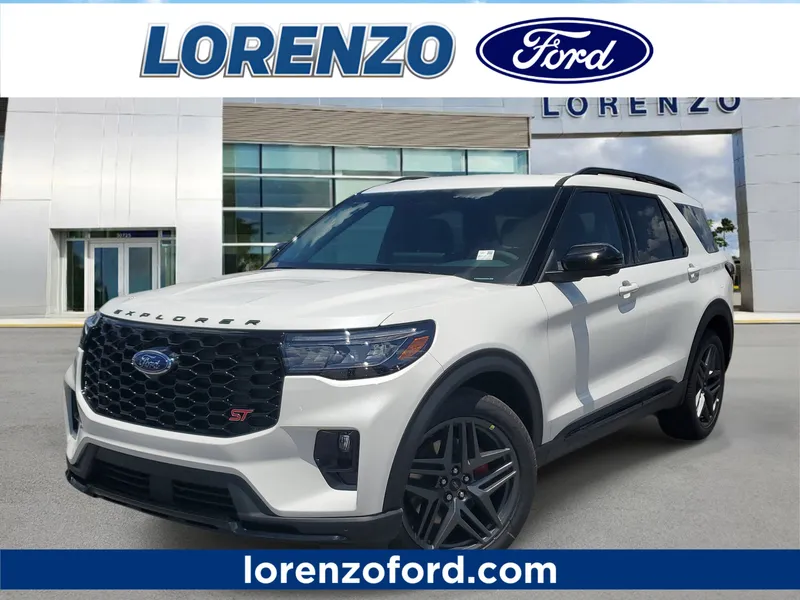 2026 Ford Explorer ST in Star White Metallic Tri-Coat — front three-quarter view