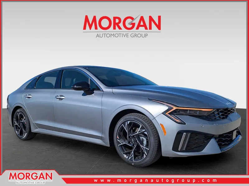 2026 Kia K5 GT-Line in Steel Matte Gray — front three-quarter view
