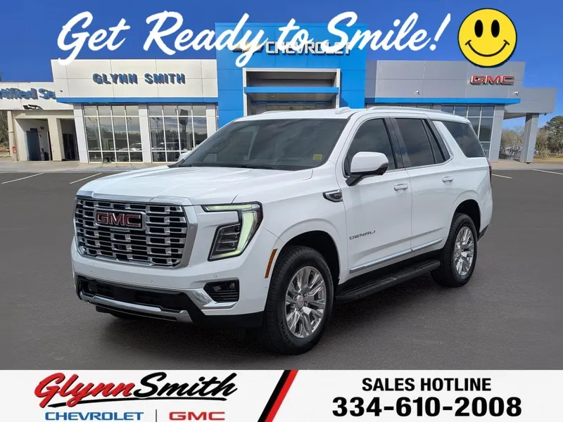 2026 GMC Yukon Denali in Summit White — front three-quarter view