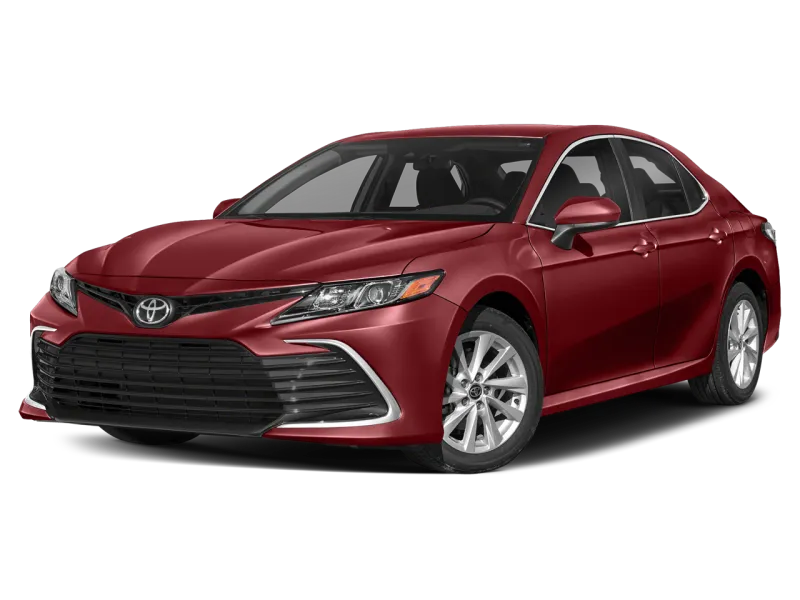 2021 Toyota Camry LE in Ruby Flare Pearl — front three-quarter view
