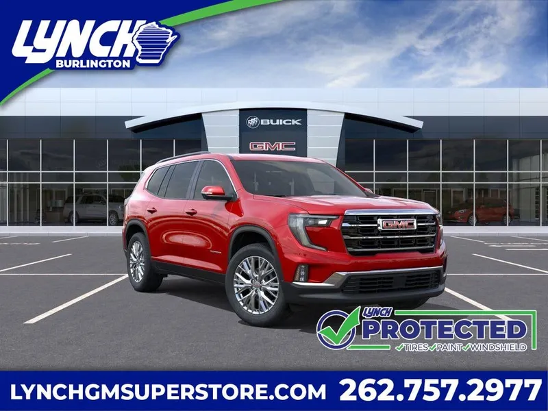 2026 GMC Acadia Elevation in Volcanic Red Tintcoat — front three-quarter view