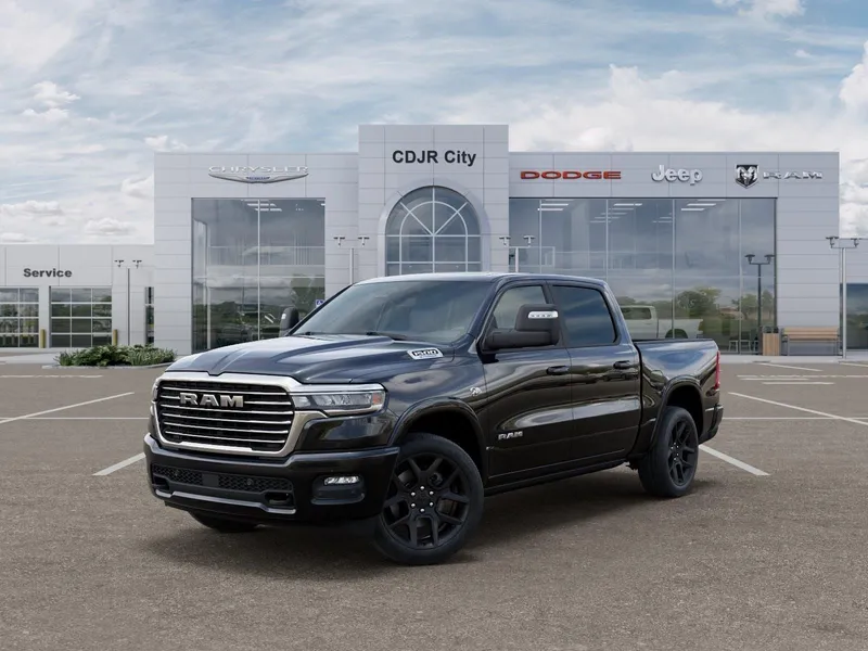 2026 RAM Ram 1500 RAM 1500 LARAMIE CREW CAB 4X4 5'7' BOX in Diamond Black Crystal Pearl-Coat Exterior Paint — front three-quarter view