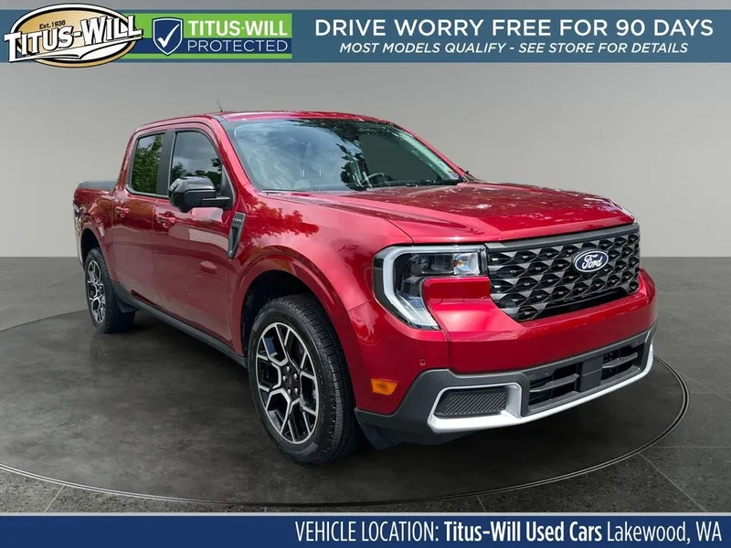 2025 Ford Maverick Lariat in Ruby Red Metallic — front three-quarter view