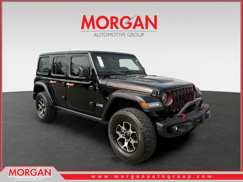 2021 Jeep Wrangler Unlimited Rubicon in Black — front three-quarter view
