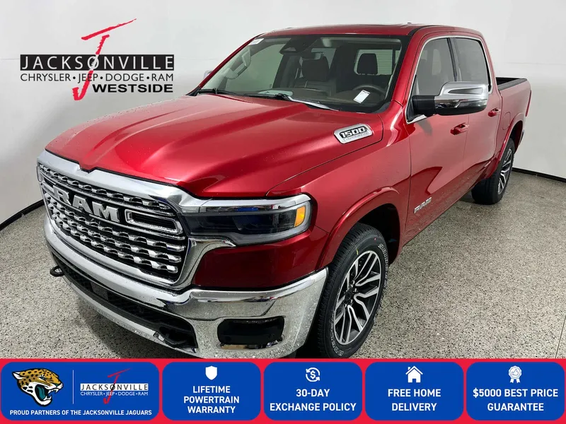 2026 RAM 1500 Longhorn in Molten Red Pearlcoat — front three-quarter view