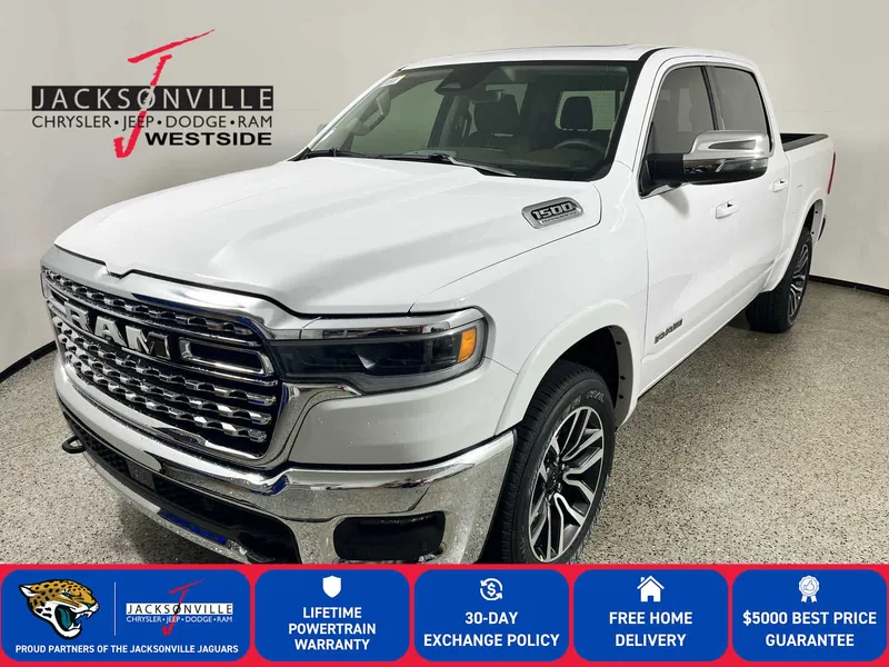 2026 RAM 1500 Longhorn in Bright White Clear-Coat Exterior Paint — front three-quarter view