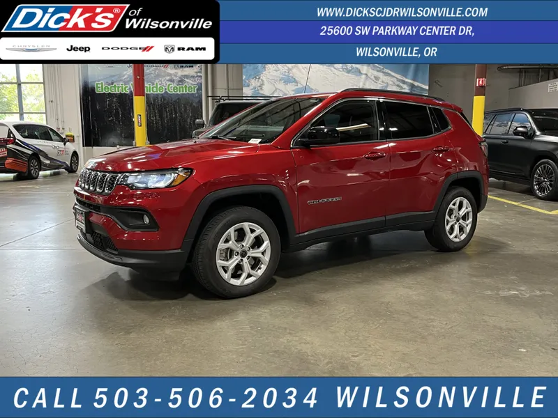2025 Jeep Compass Latitude in Red Hot Pearlcoat — front three-quarter view