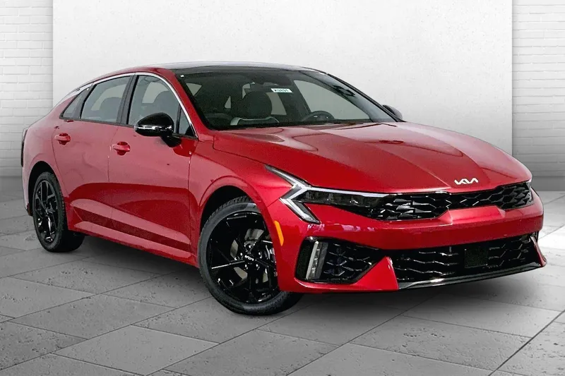 2026 Kia K5 GT-Line in Runway Red — front three-quarter view