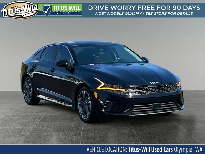 2022 Kia K5 EX in Ebony Black — front three-quarter view