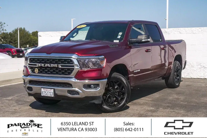 2022 RAM 1500 Big Horn in Delmonico Red Pea — front three-quarter view