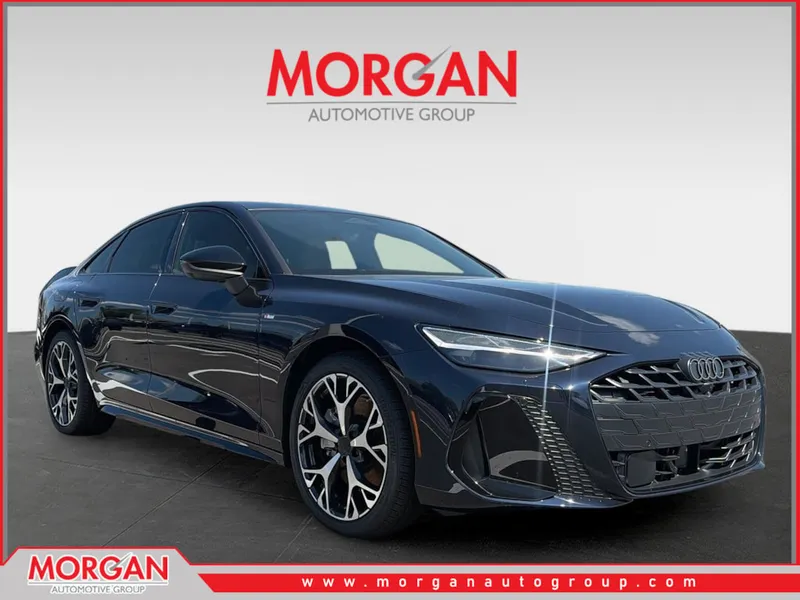 2026 Audi A6 Sedan Premium Plus in Firmament Blue Metallic — front three-quarter view