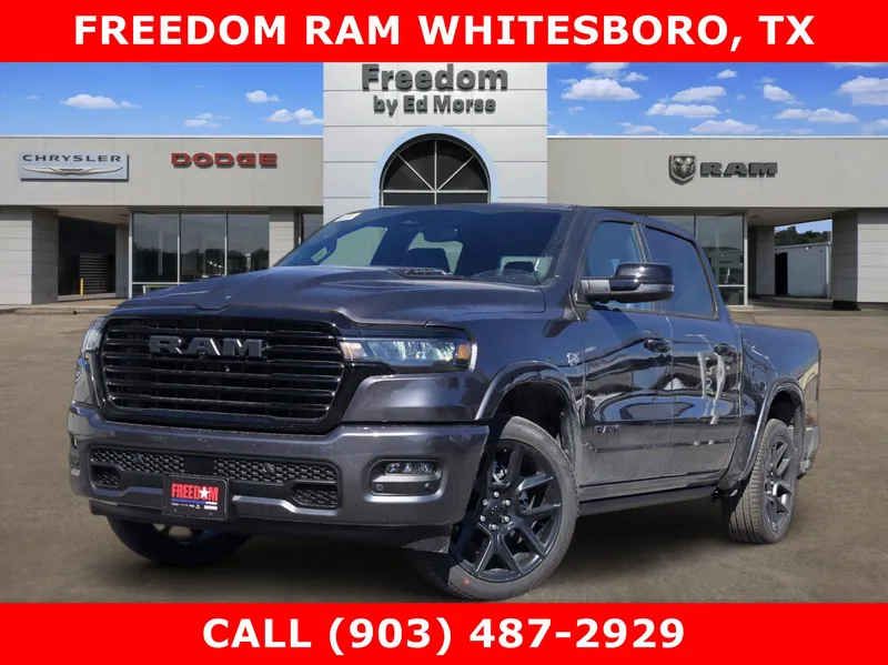 2026 RAM Ram 1500 RAM 1500 LARAMIE CREW CAB 4X4 5'7' BOX in Granite Crystal Metallic Clear-Coat Exterior Paint — front three-quarter view