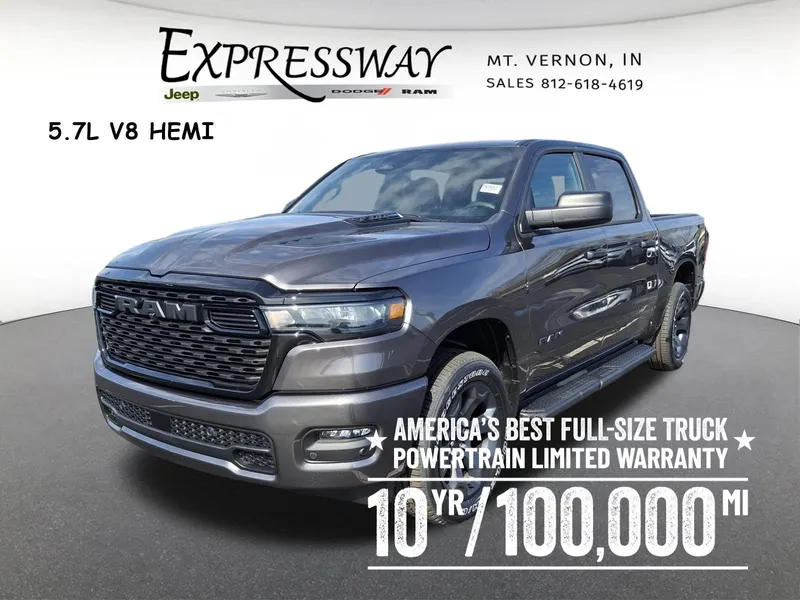 2026 RAM 1500 Express 4x4 Crew Cab 5'7 Box in Granite Crystal Metallic Clear-Coat Exterior Paint — front three-quarter view