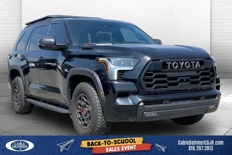 2026 Toyota Sequoia TRD Pro in Midnight Black Metallic — front three-quarter view