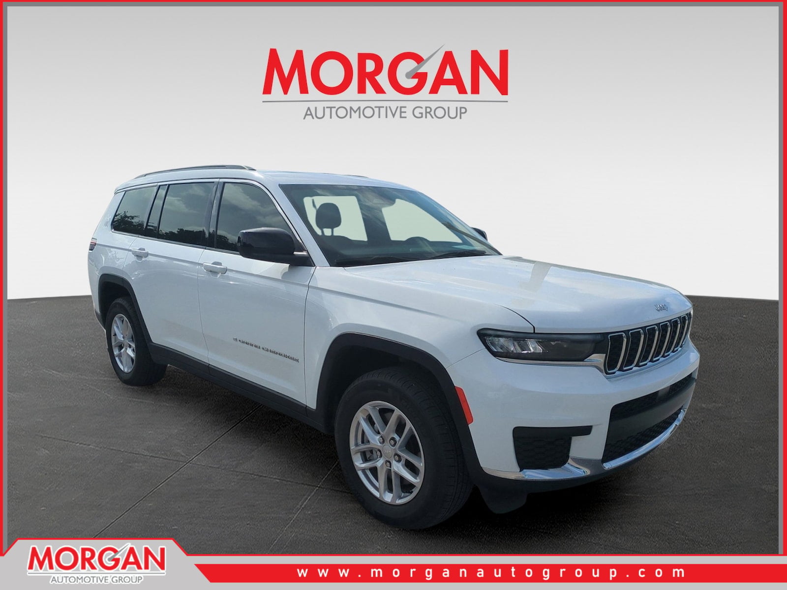 2025 Jeep Grand Cherokee L Laredo in White — front three-quarter view