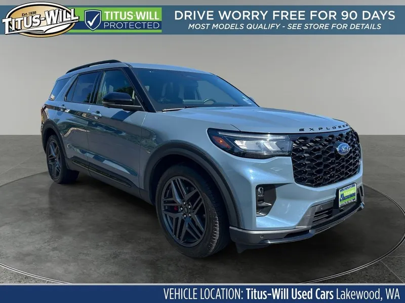 2025 Ford Explorer ST in Vapor Blue — front three-quarter view