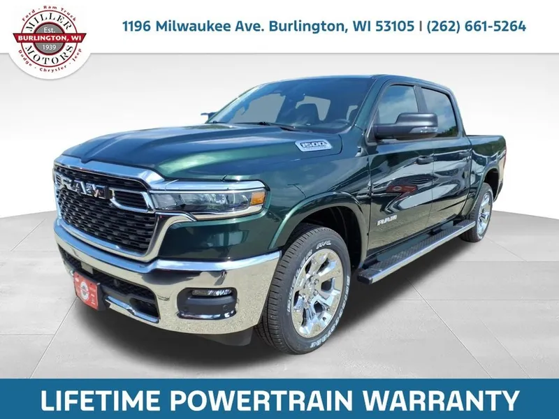 2026 RAM Ram 1500 RAM 1500 BIG HORN CREW CAB 4X4 5'7' BOX in Serrano-Green Metallic Exterior Paint — front three-quarter view