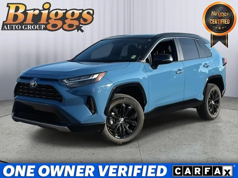 2023 Toyota RAV4 Hybrid XSE in Cavalry Blue And Midnight Black Metallic — front three-quarter view